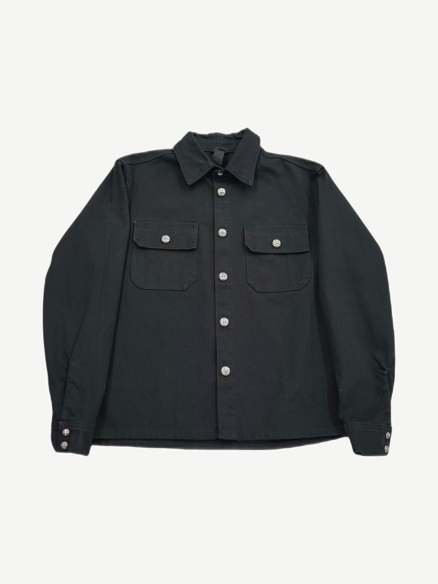 Chrome Hearts black Work Dog jacket front view with silver cross button placket and chest pockets.