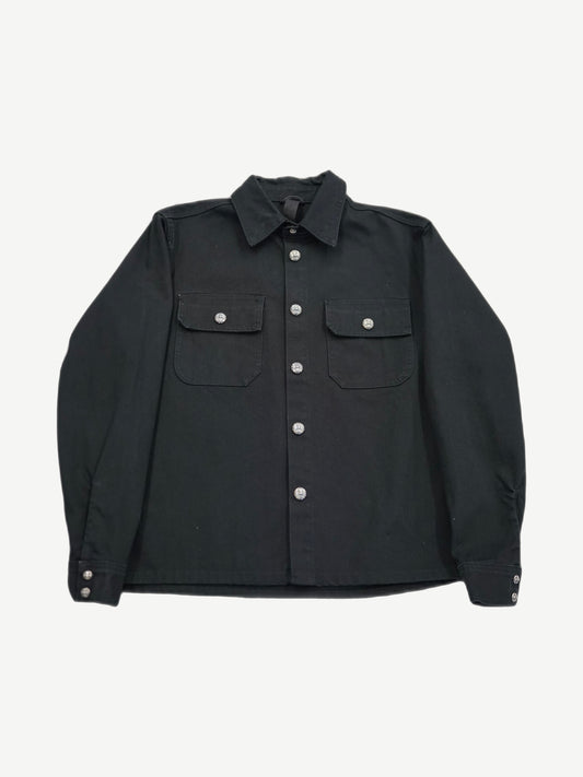 Chrome Hearts black Work Dog jacket front view with silver cross button placket and chest pockets.