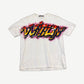 Louis Vuitton Virgil Abloh white tee with airbrushed Vuitton graffiti logo in orange purple and navy