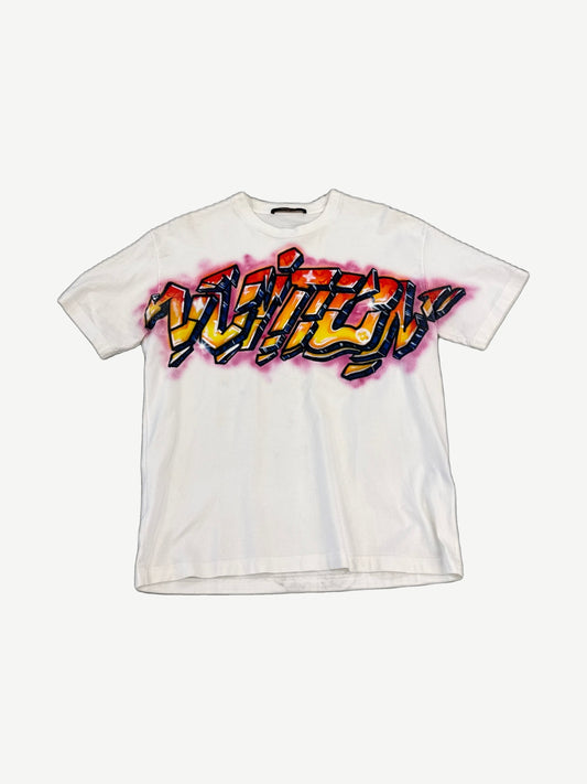 Louis Vuitton Virgil Abloh white tee with airbrushed Vuitton graffiti logo in orange purple and navy
