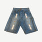 Kapital light wash blue denim shorts with multicolored rhinestone jewel oval patches on legs
