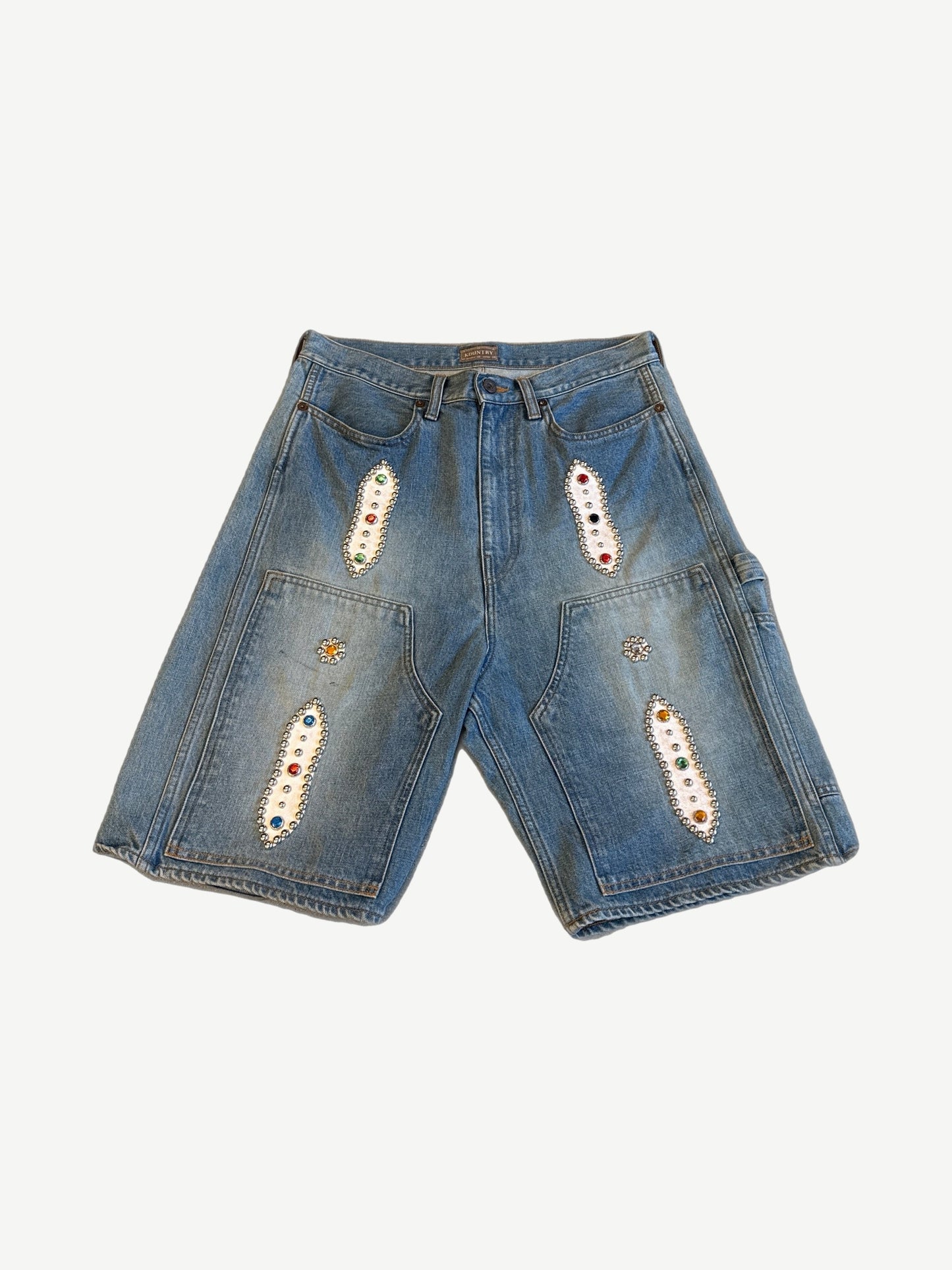Kapital light wash blue denim shorts with multicolored rhinestone jewel oval patches on legs