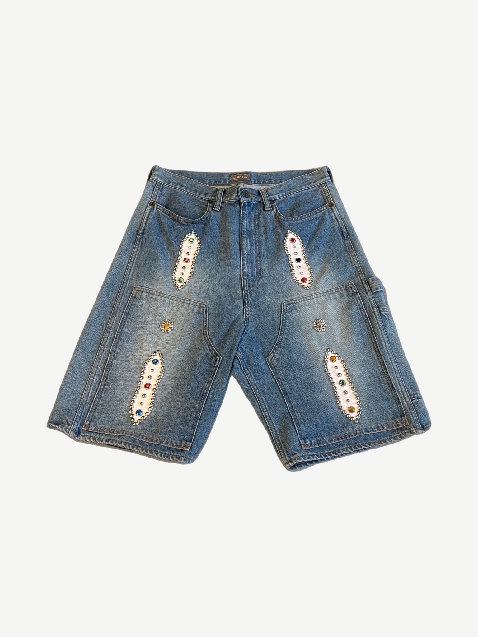 Kapital light wash blue denim shorts with multicolored rhinestone jewel oval patches on legs