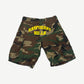 GV Gallery Raspberry Hills woodland camo cargo shorts front with yellow varsity arch logo print.