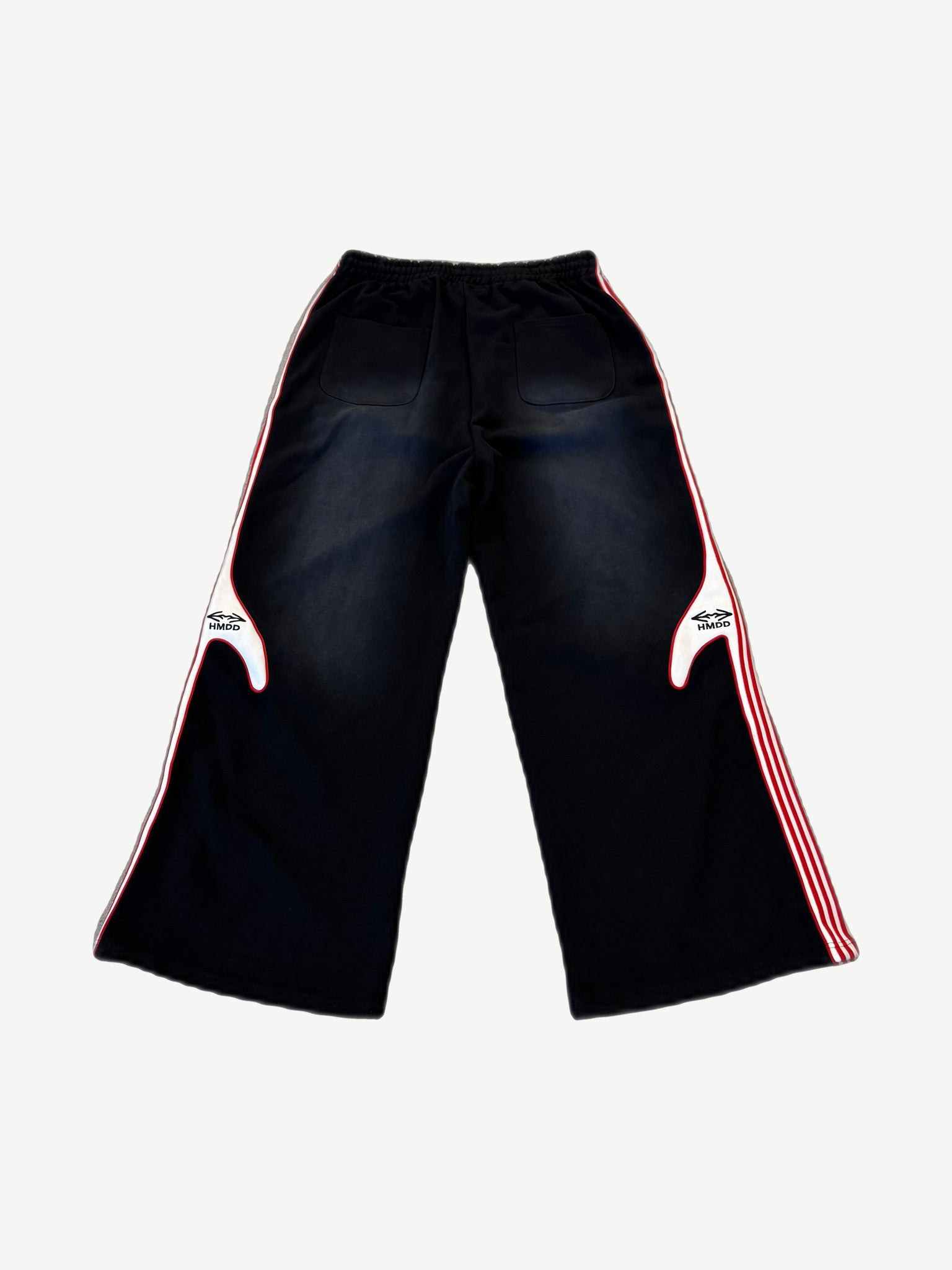 Happy Memories Don't Die HMDD Bordeaux sweatpants back view with striped side panels and elastic cuffs