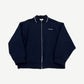 Miu Miu navy piquet blend blouson zip jacket with white-tipped collar and small miu miu chest logo.