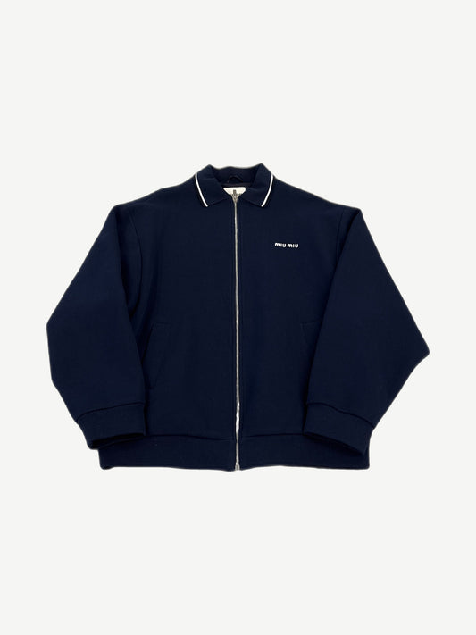 Miu Miu navy piquet blend blouson zip jacket with white-tipped collar and small miu miu chest logo.