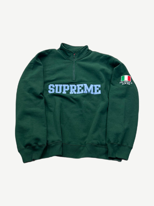Supreme dark green half zip pullover with light blue arc logo and Italian flag Milan sleeve patch
