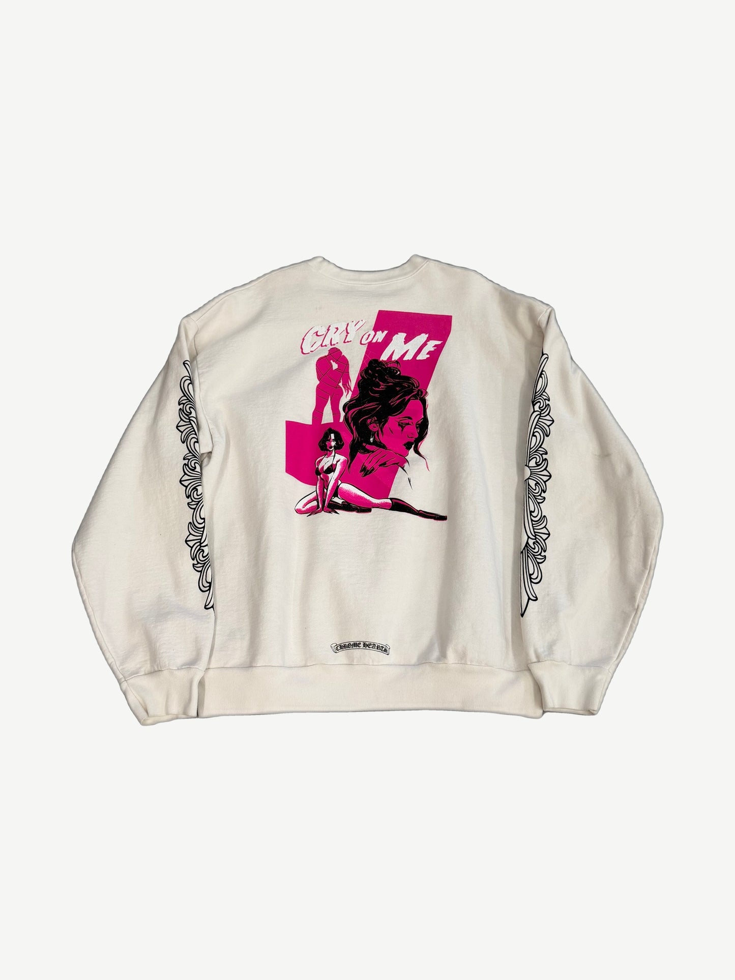 Chrome Hearts Deadly Doll crewneck back view with pink Cry On Me graphic and box logo at hem