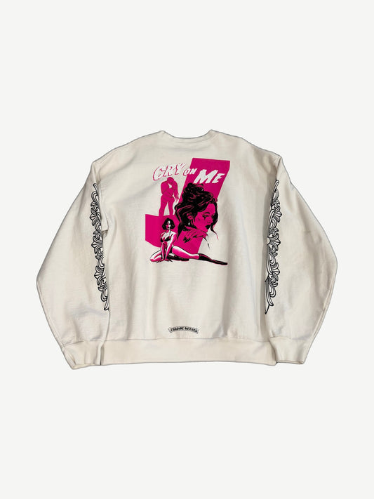 Chrome Hearts Deadly Doll crewneck back view with pink Cry On Me graphic and box logo at hem