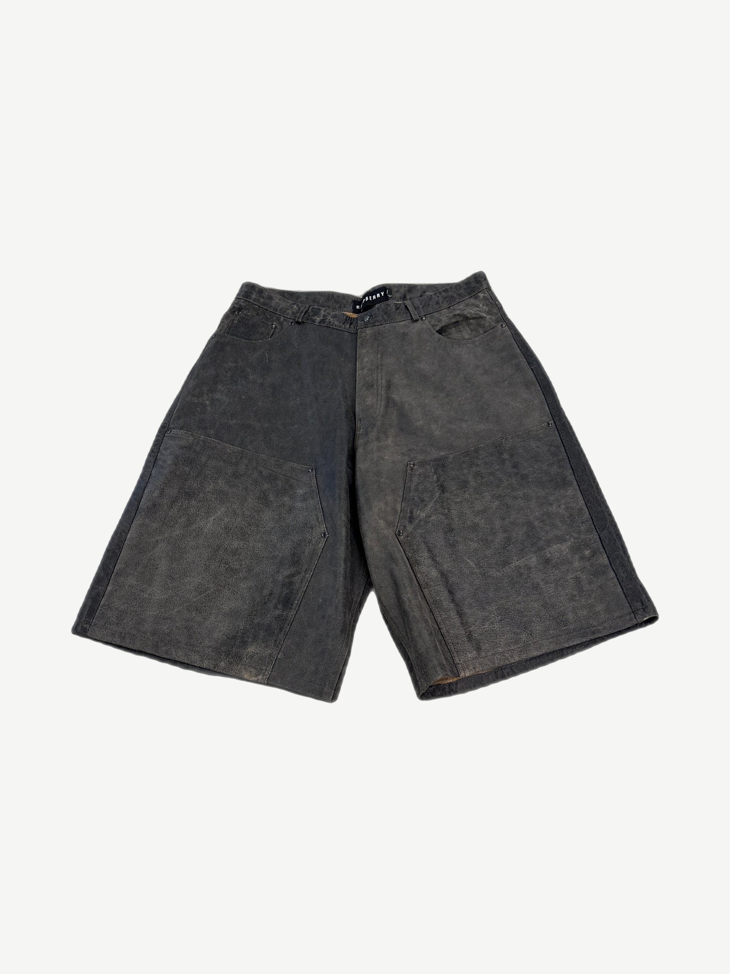 GV Gallery Raspberry Hills distressed suede carpenter shorts in rust grey with utility pocket panels and rivet detailing.