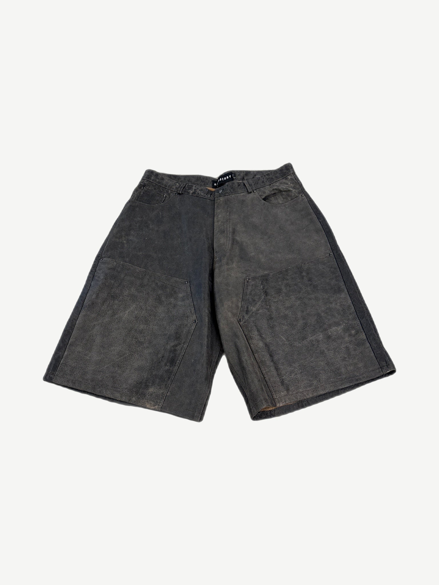 GV Gallery Raspberry Hills distressed suede carpenter shorts in rust grey with utility pocket panels and rivet detailing.