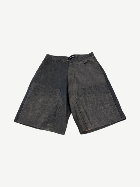 GV Gallery Raspberry Hills distressed suede carpenter shorts in rust grey with utility pocket panels and rivet detailing.