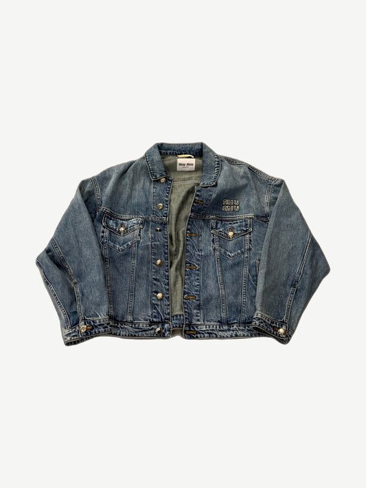 Miu Miu washed blue cropped denim jacket open front with chest pocket embroidery and gold buttons.