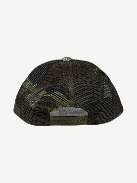 Chrome Hearts camo trucker cap back view with mesh panels and small embroidered cross stud detail.