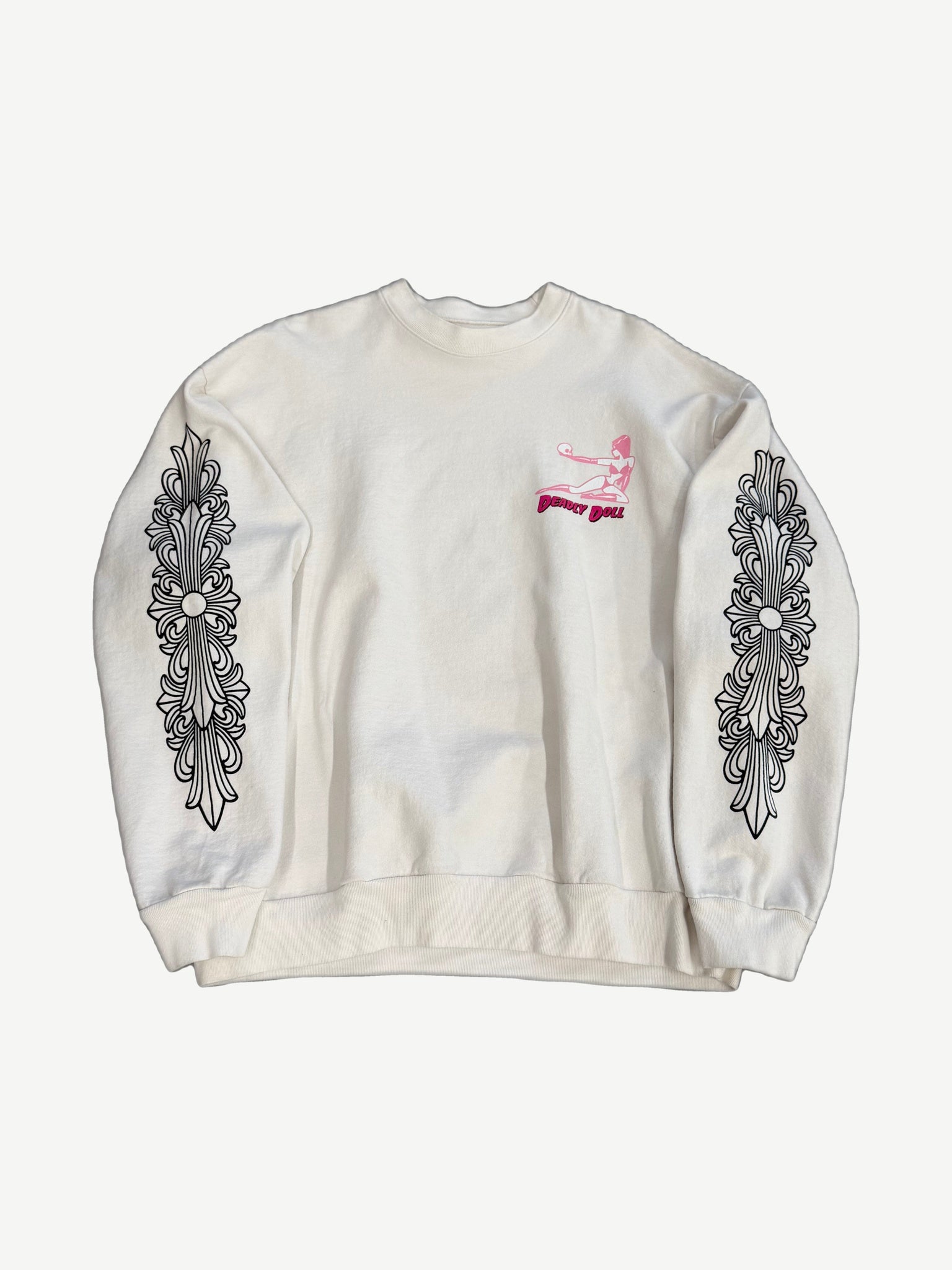 Chrome Hearts Deadly Doll white cotton crewneck with pink pinup print on chest and dagger cross sleeve graphics