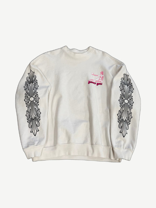 Chrome Hearts Deadly Doll white cotton crewneck with pink pinup print on chest and dagger cross sleeve graphics