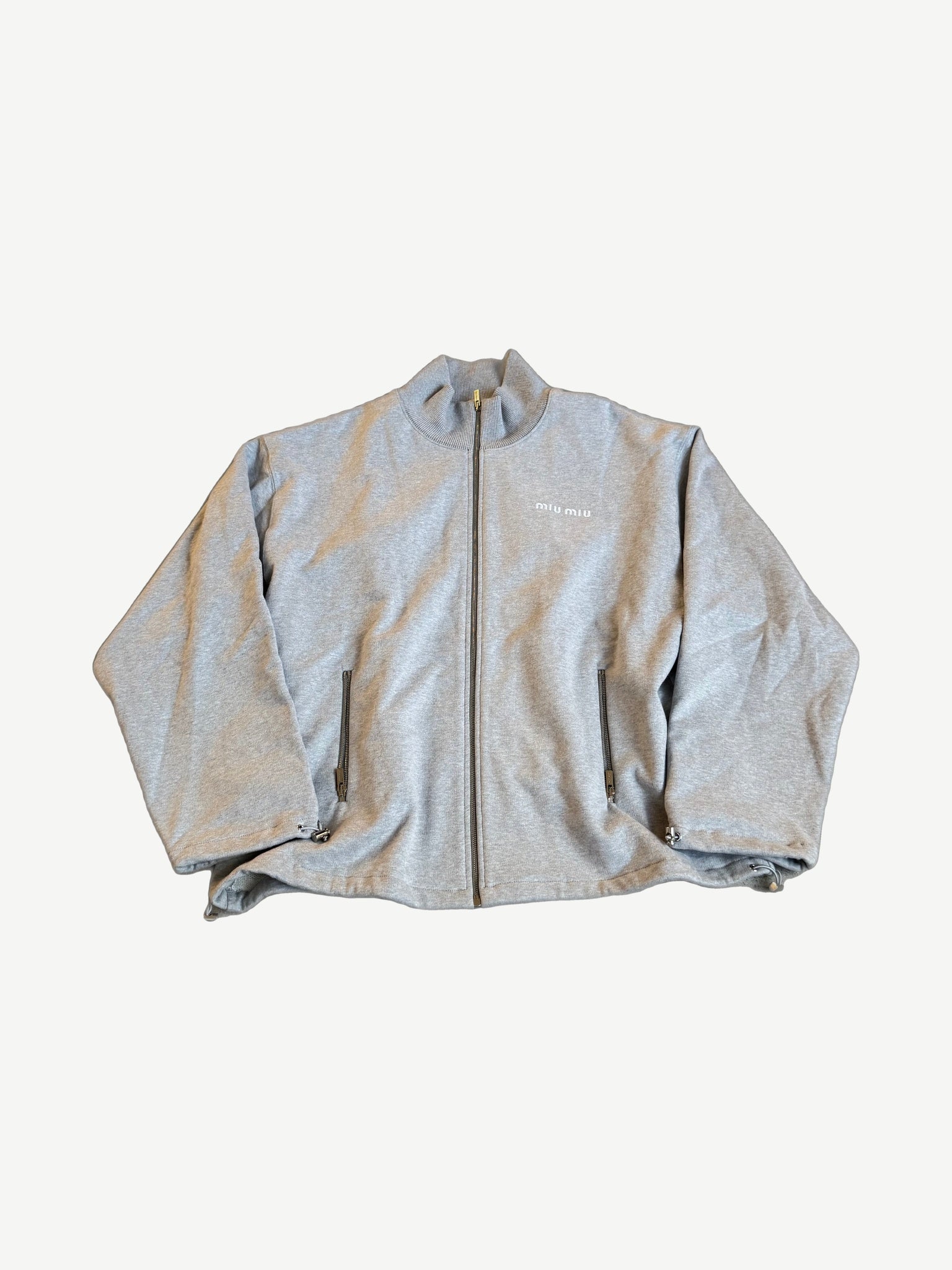 Miu Miu heather gray cotton fleece full zip sweatshirt with mock neck and embroidered chest logo