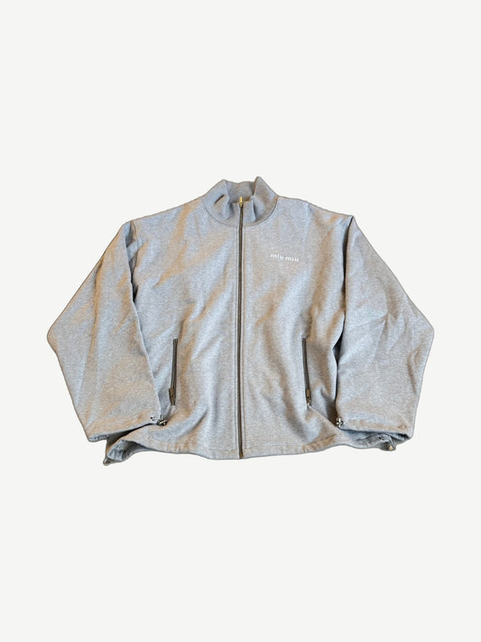 Miu Miu heather gray cotton fleece full zip sweatshirt with mock neck and embroidered chest logo