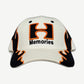 HMDD Happy Memories Don't Die cream snapback hat with embroidered orange flame and Memories script.
