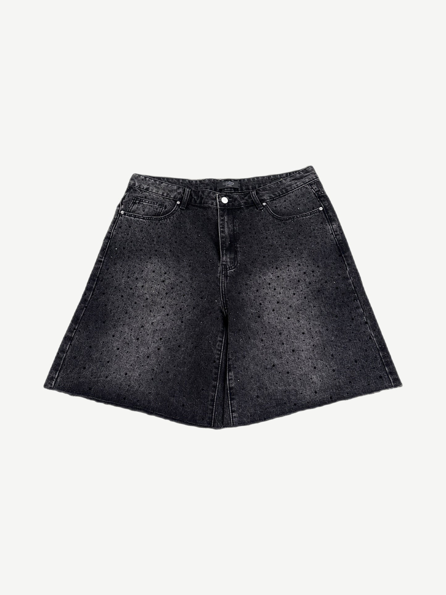 Happy Memories Don't Die HMDD black denim shorts with multicolor crystal-embellished side patches, front view