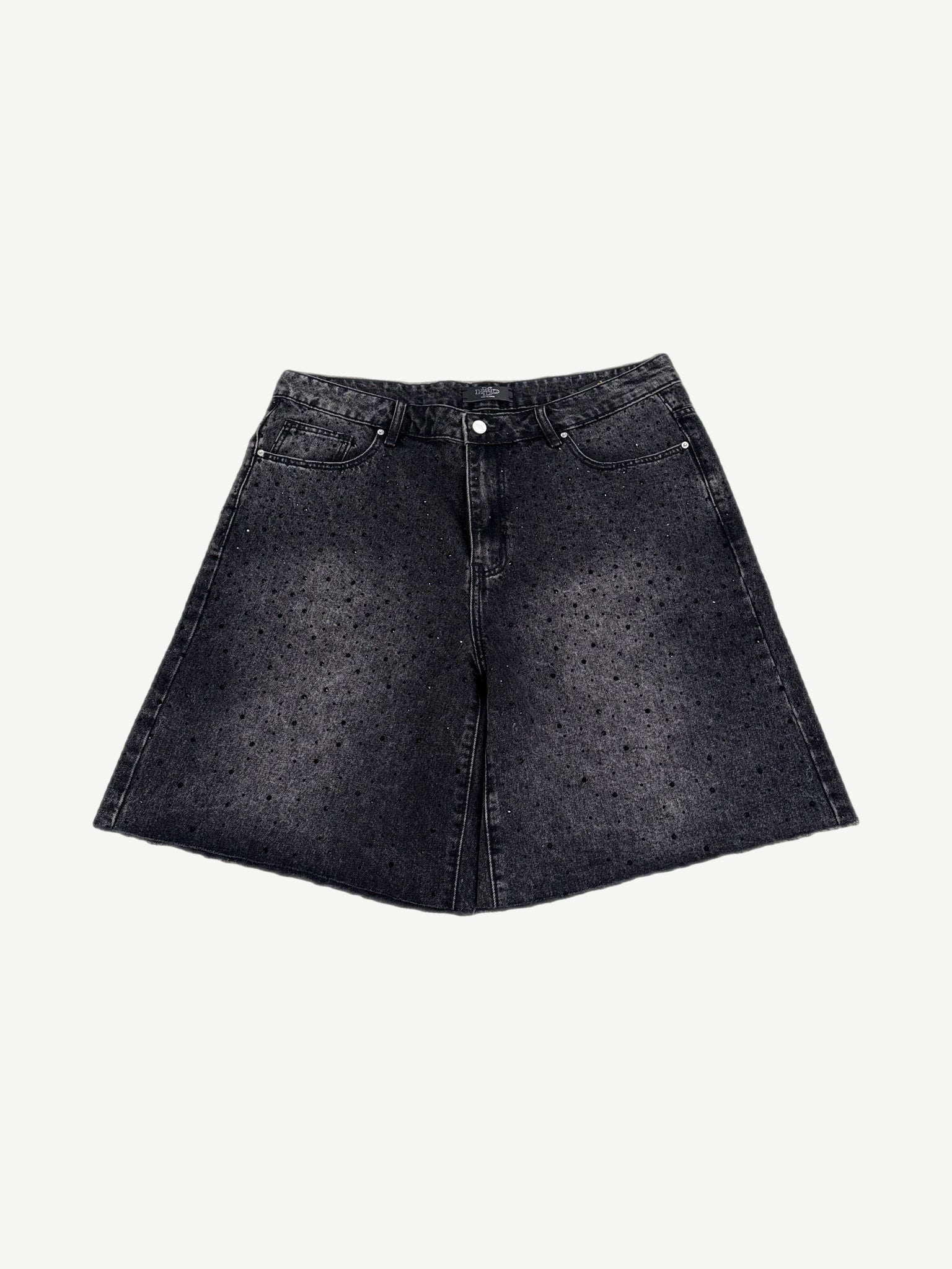 Happy Memories Don't Die HMDD black denim shorts with multicolor crystal-embellished side patches, front view