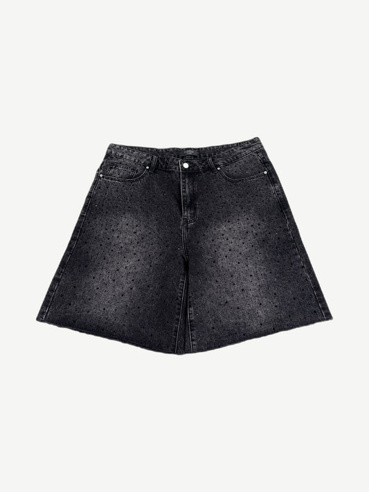 Happy Memories Don't Die HMDD black denim shorts with multicolor crystal-embellished side patches, front view