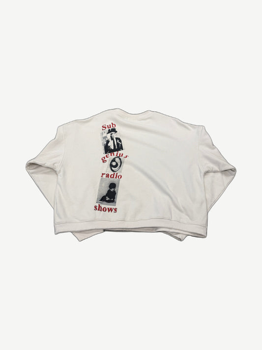 Enfants Riches Deprimes Subgenius Radio white crewneck back view with distressed slogan text print.