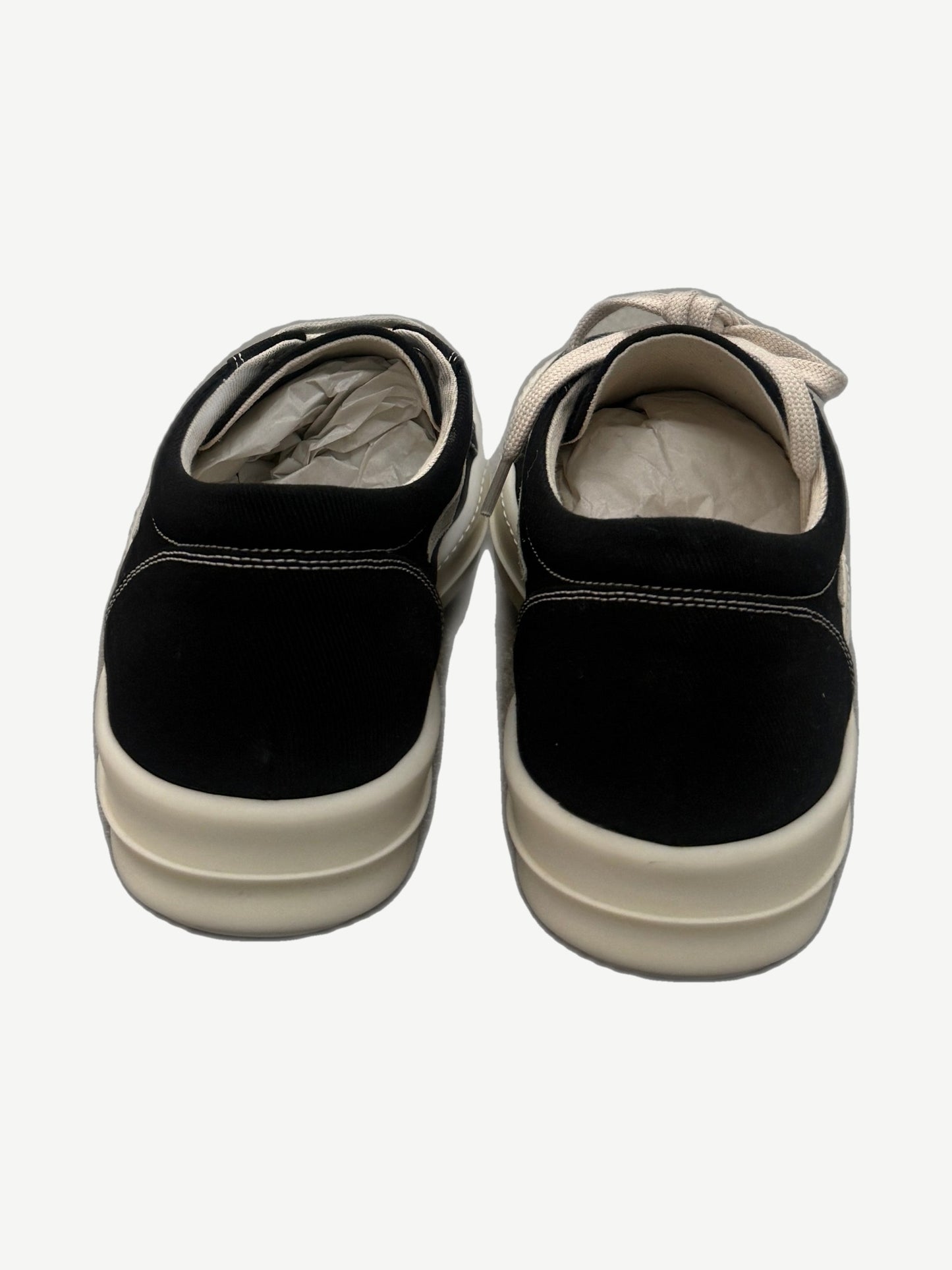 Rick Owens DRKSHDW Vintage sneakers heel view showing black canvas counter, cream contrast stitching and bumper sole.