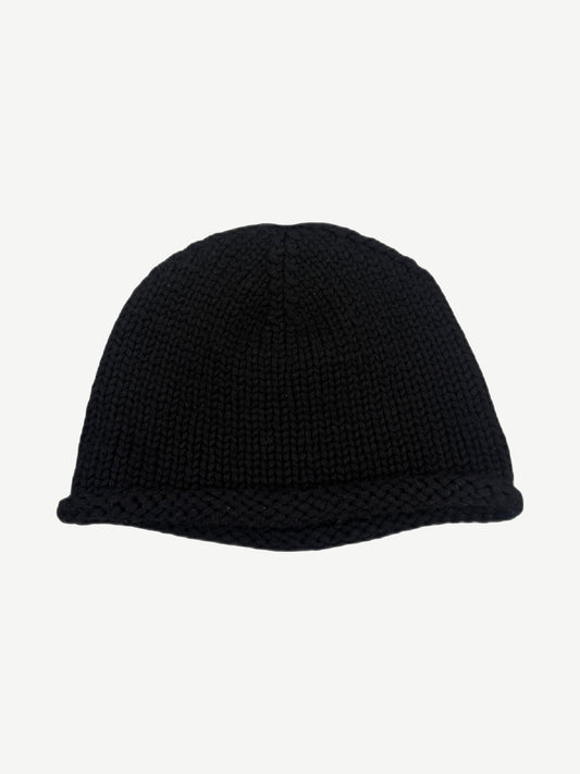 Chrome Hearts black cashmere cable-knit beanie back view with rolled hem and plain knit
