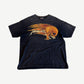 Vintage Metallica faded black tee with Pushead flaming skull graphic and silver lightning bolt band logo
