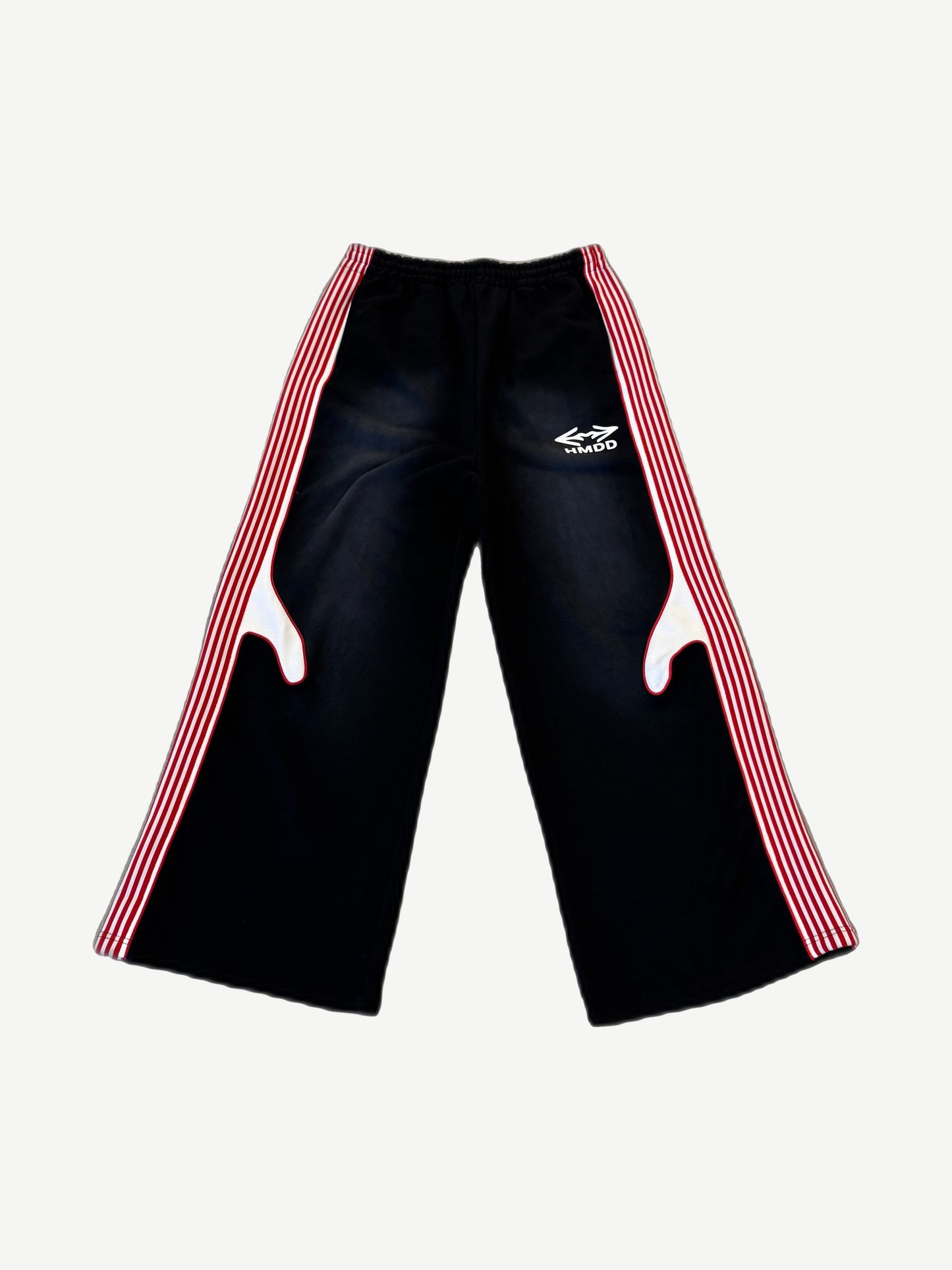 Happy Memories Don't Die HMDD Bordeaux sweatpants with red side stripes and white flame thigh insets