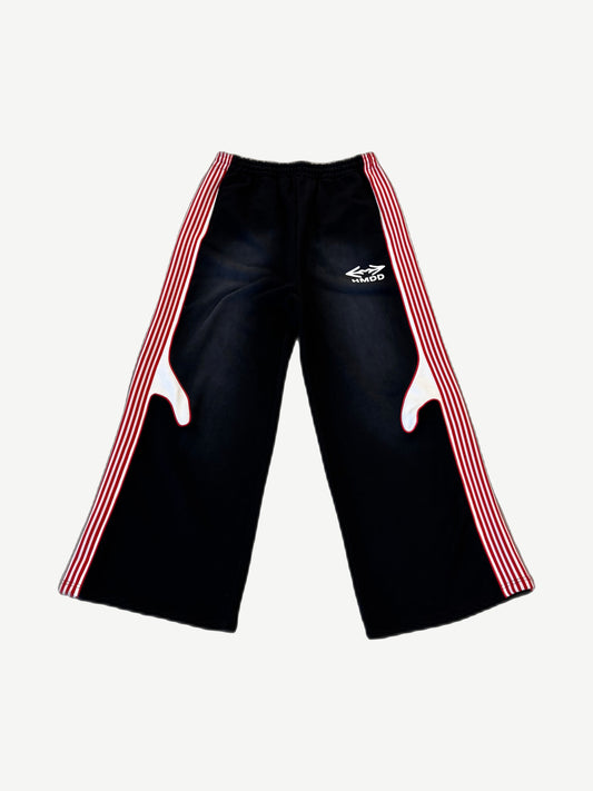 Happy Memories Don't Die HMDD Bordeaux sweatpants with red side stripes and white flame thigh insets