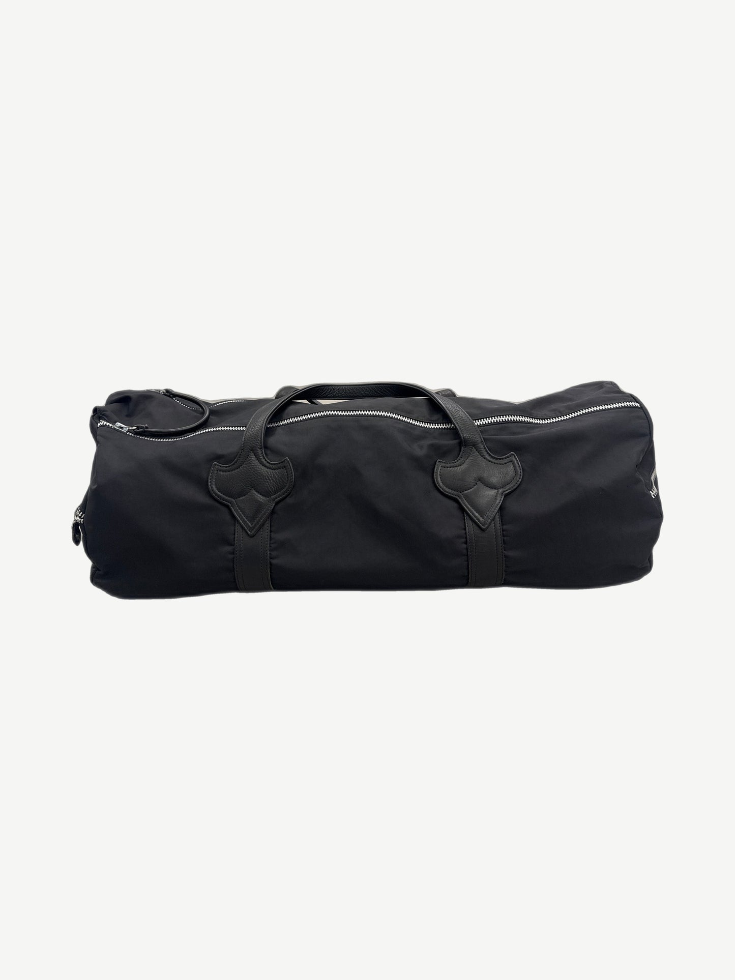 Chrome Hearts black nylon XL barrel duffle bag with dagger leather trim, silver zippers and rolled leather handles