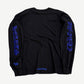 Chrome Hearts black longsleeve back view with blue neck horseshoe logo print and ©1988 Hollywood CA stamp.
