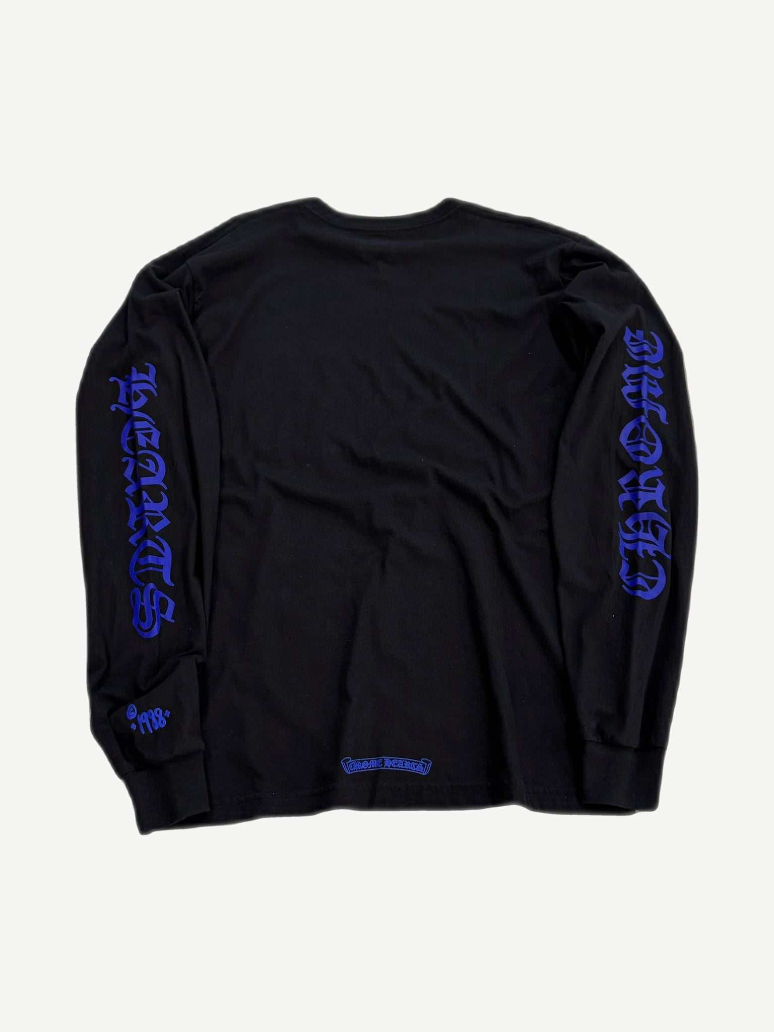 Chrome Hearts black longsleeve back view with blue neck horseshoe logo print and ©1988 Hollywood CA stamp.