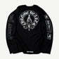 Back of Chrome Hearts Deadly Doll thermal longsleeve with large dagger and pinup artwork in black waffle knit.