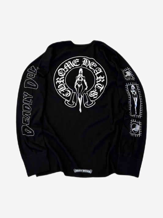 Back of Chrome Hearts Deadly Doll thermal longsleeve with large dagger and pinup artwork in black waffle knit.