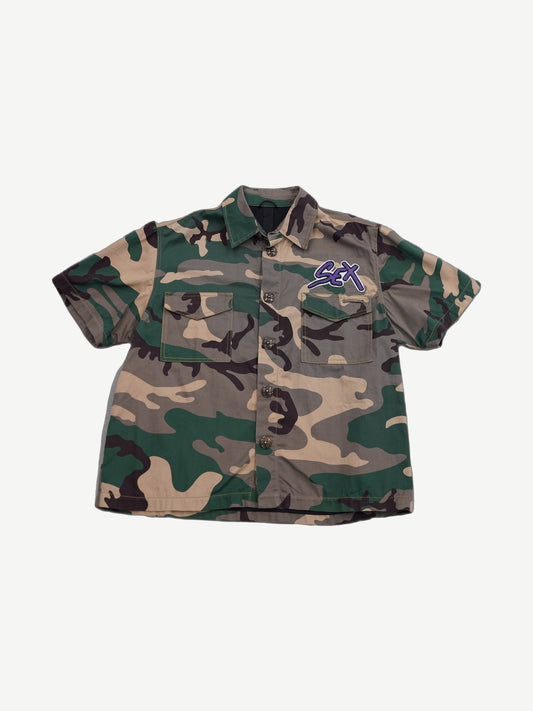Chrome Hearts x Matty Boy green camo button-up shirt with Sex Records graphic embroidery, short sleeves.
