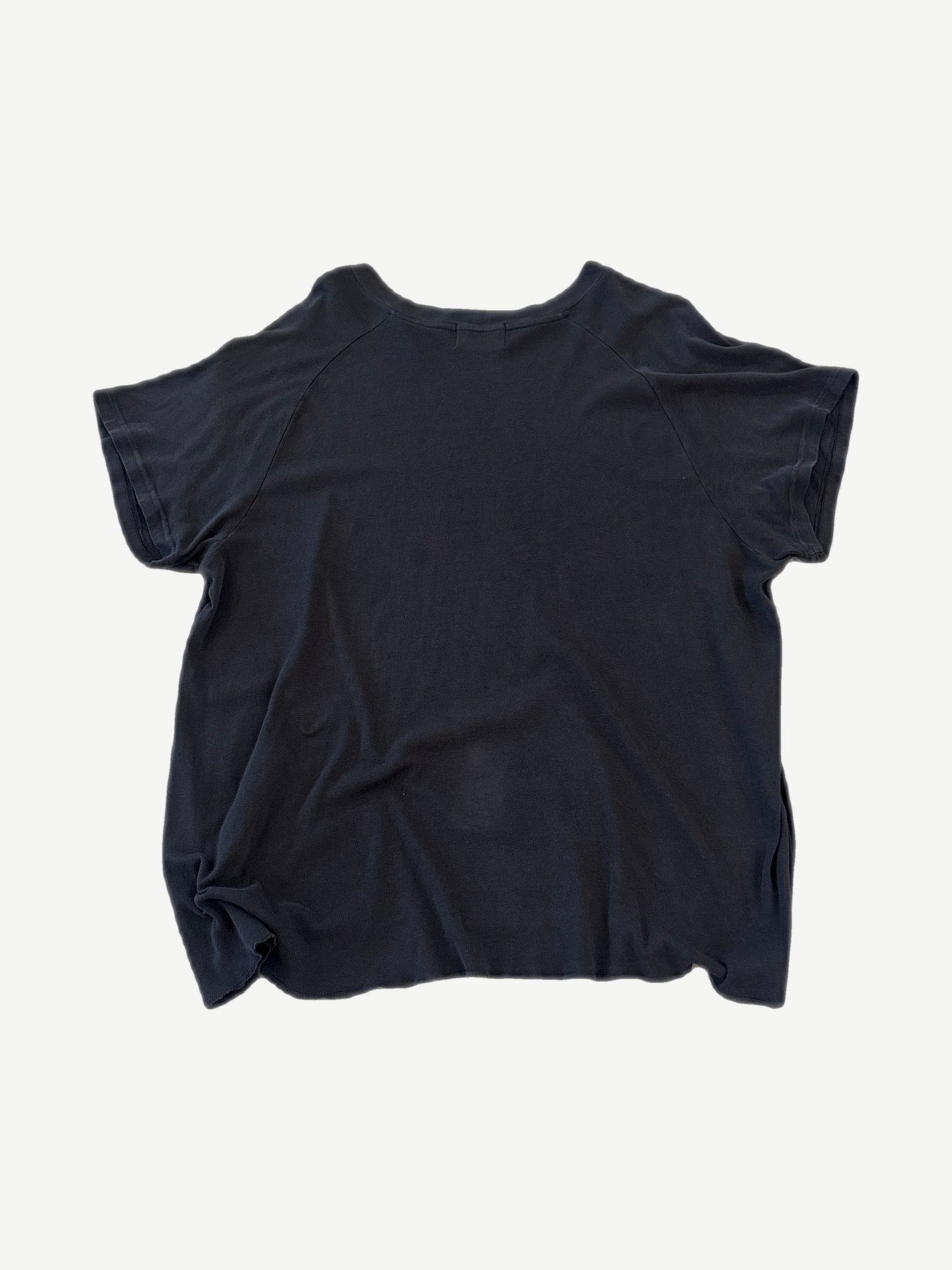 Enfants Riches Deprimes raglan tee back view, washed black cotton with raw rolled hem and seamed sleeves