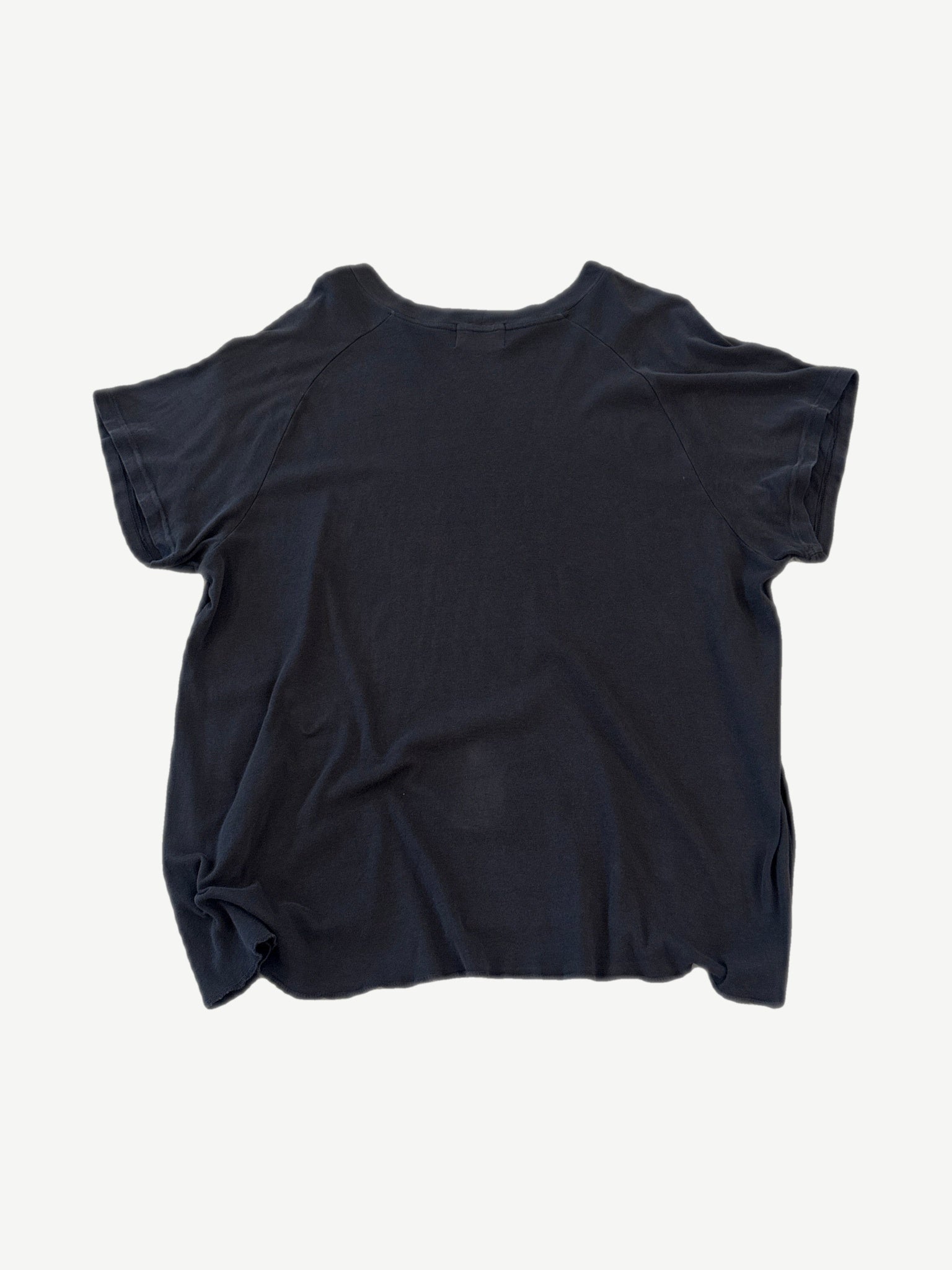 Enfants Riches Deprimes raglan tee back view, washed black cotton with raw rolled hem and seamed sleeves