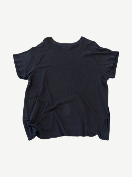 Enfants Riches Deprimes raglan tee back view, washed black cotton with raw rolled hem and seamed sleeves