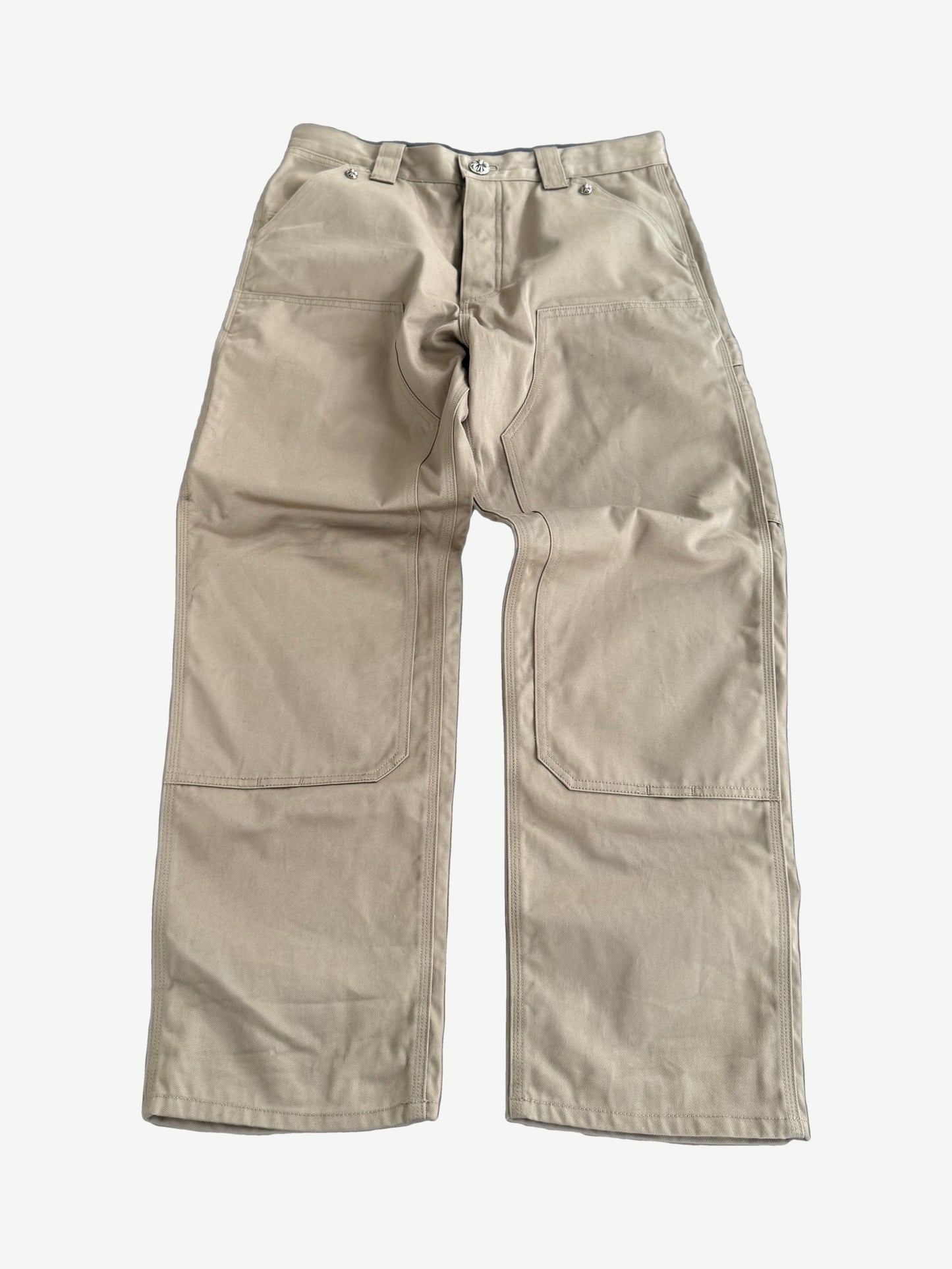Chrome Hearts khaki carpenter pants front view with hammer loop, utility pocket and relaxed straight-leg fit