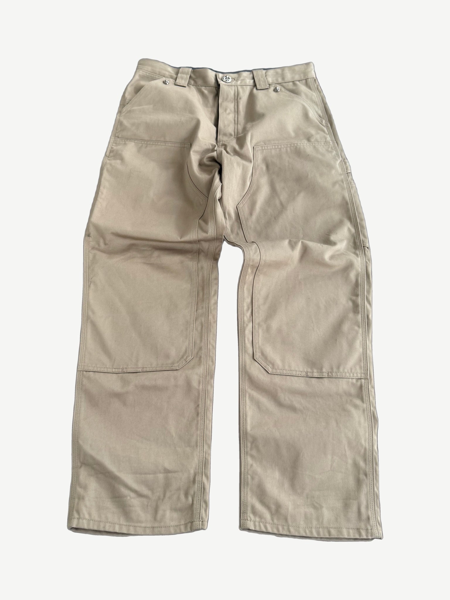 Chrome Hearts khaki carpenter pants front view with hammer loop, utility pocket and relaxed straight-leg fit