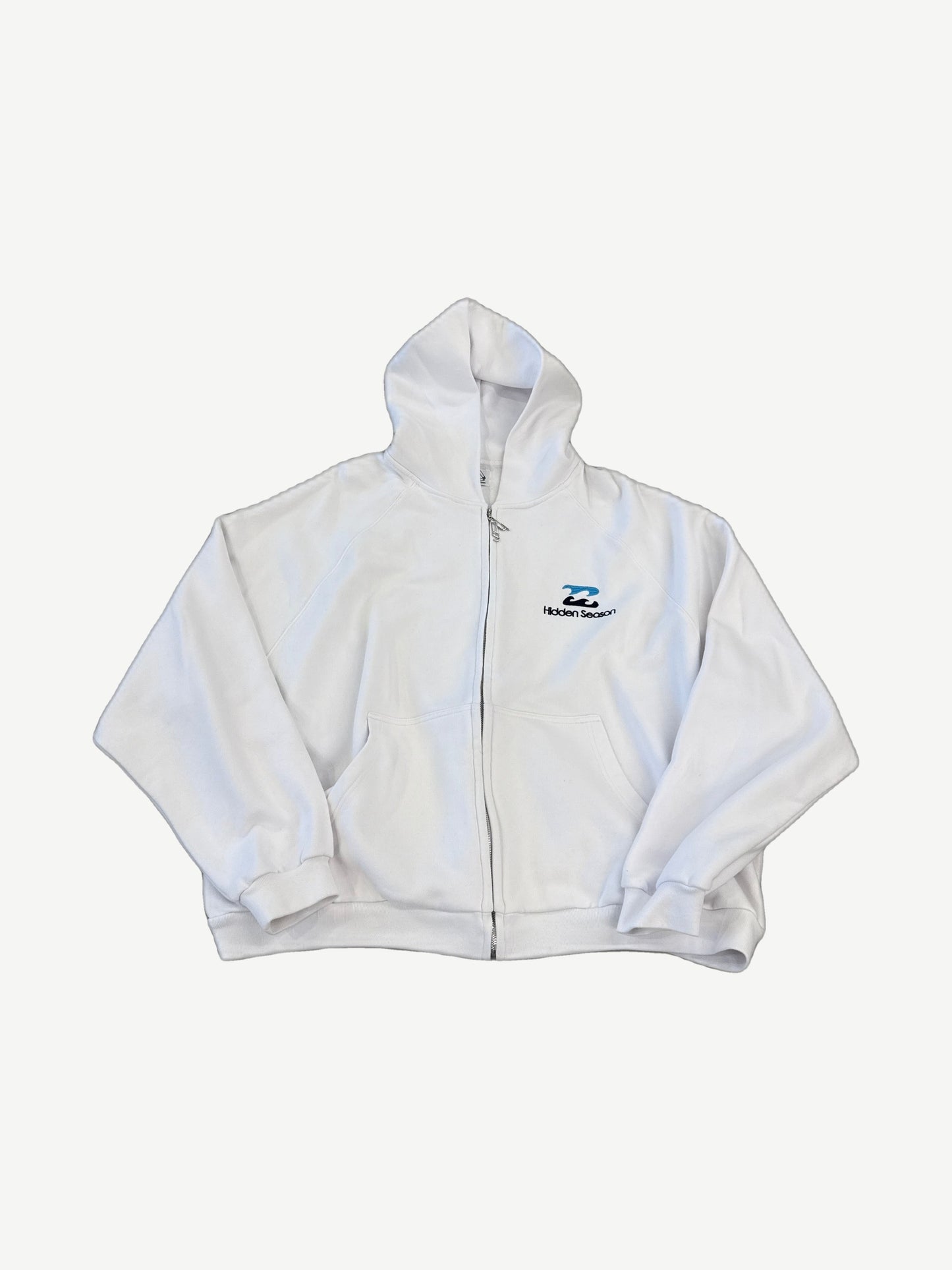 Hidden Season white wave zip up hoodie with tonal wave-pattern stitching and embroidered chest logo