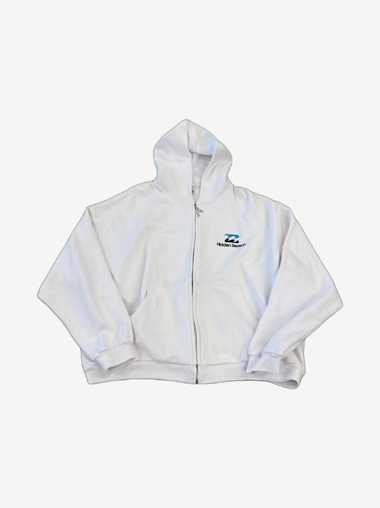 Hidden Season white wave zip up hoodie with tonal wave-pattern stitching and embroidered chest logo