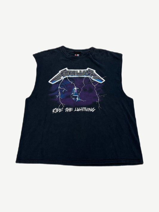 Vintage Metallica Ride the Lightning cutoff tee, faded black with classic electric chair lightning album art.