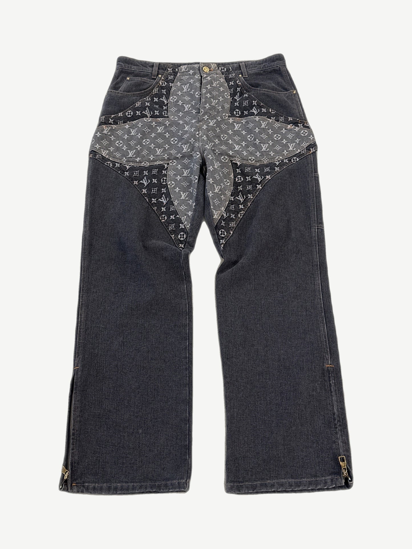 Louis Vuitton gray denim jeans front view with monogram flower star patchwork panel and ankle zippers
