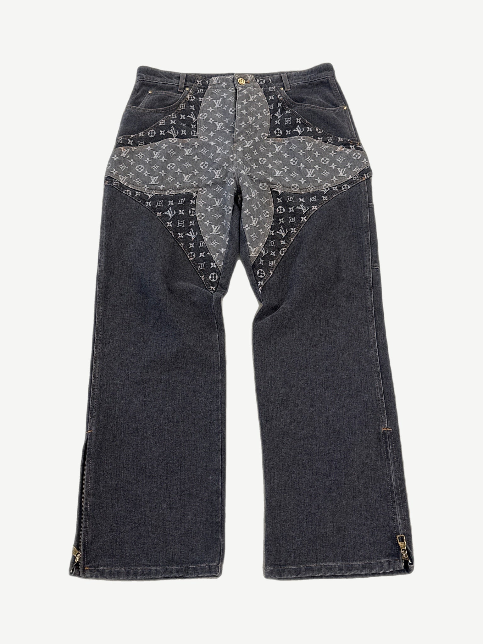 Louis Vuitton gray denim jeans front view with monogram flower star patchwork panel and ankle zippers