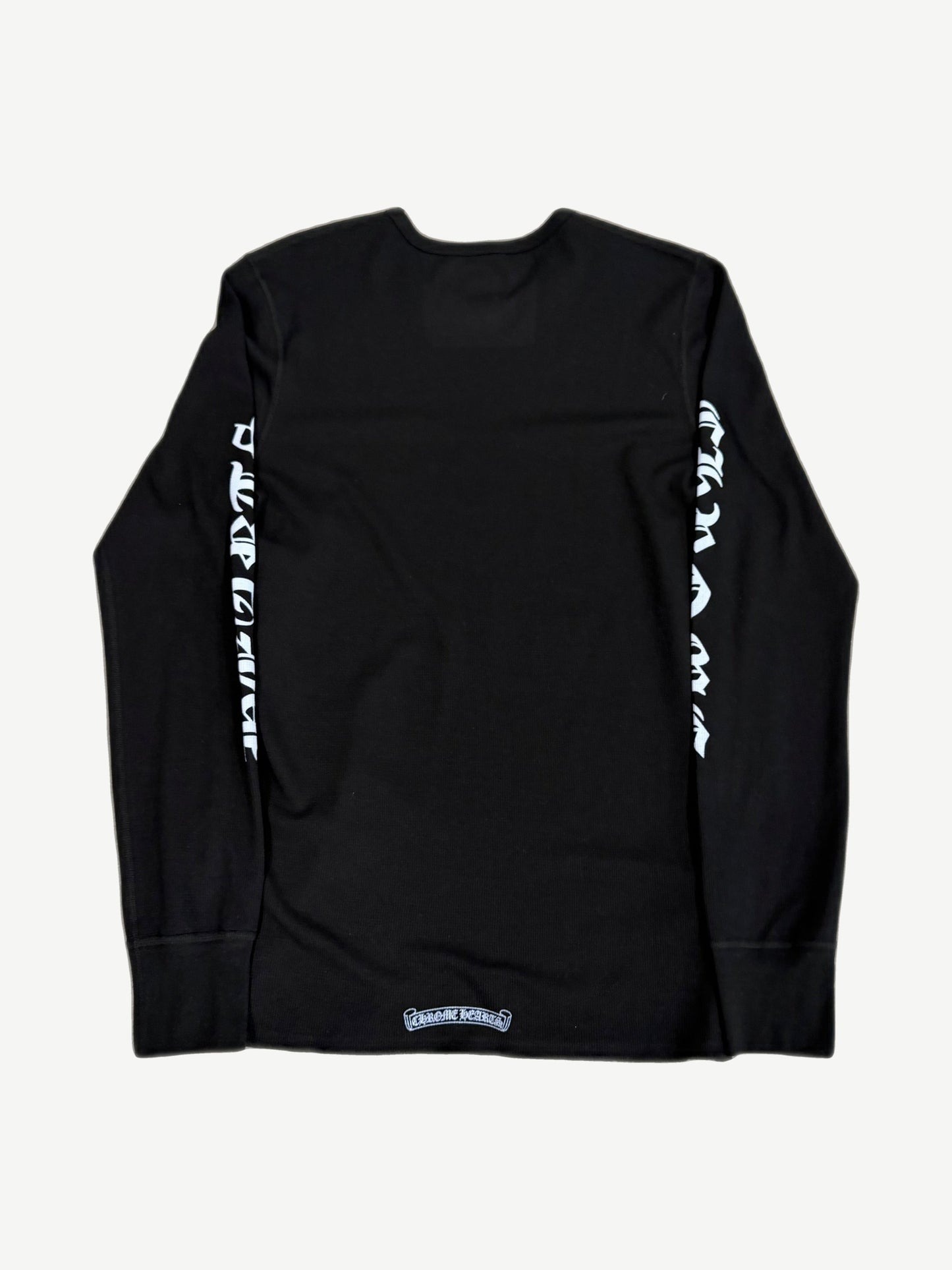 Chrome Hearts scroll logo thermal back view in black waffle knit showing gothic CHROME HEARTS back print.